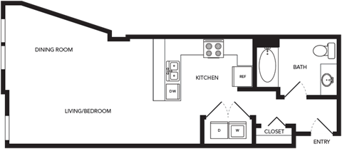 Floor plan for studio, 1 bath, 634 sqft